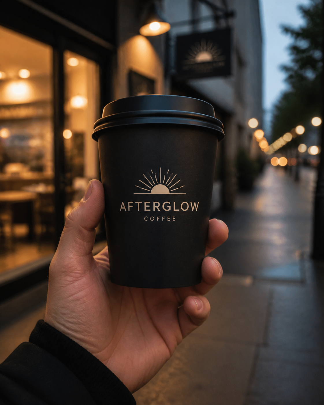 Black branded takeaway cup outside a coffee shop at dusk