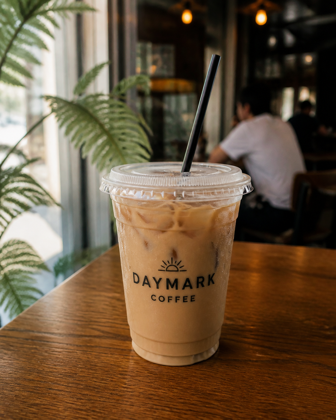 Branded clear iced coffee cup in a cafe