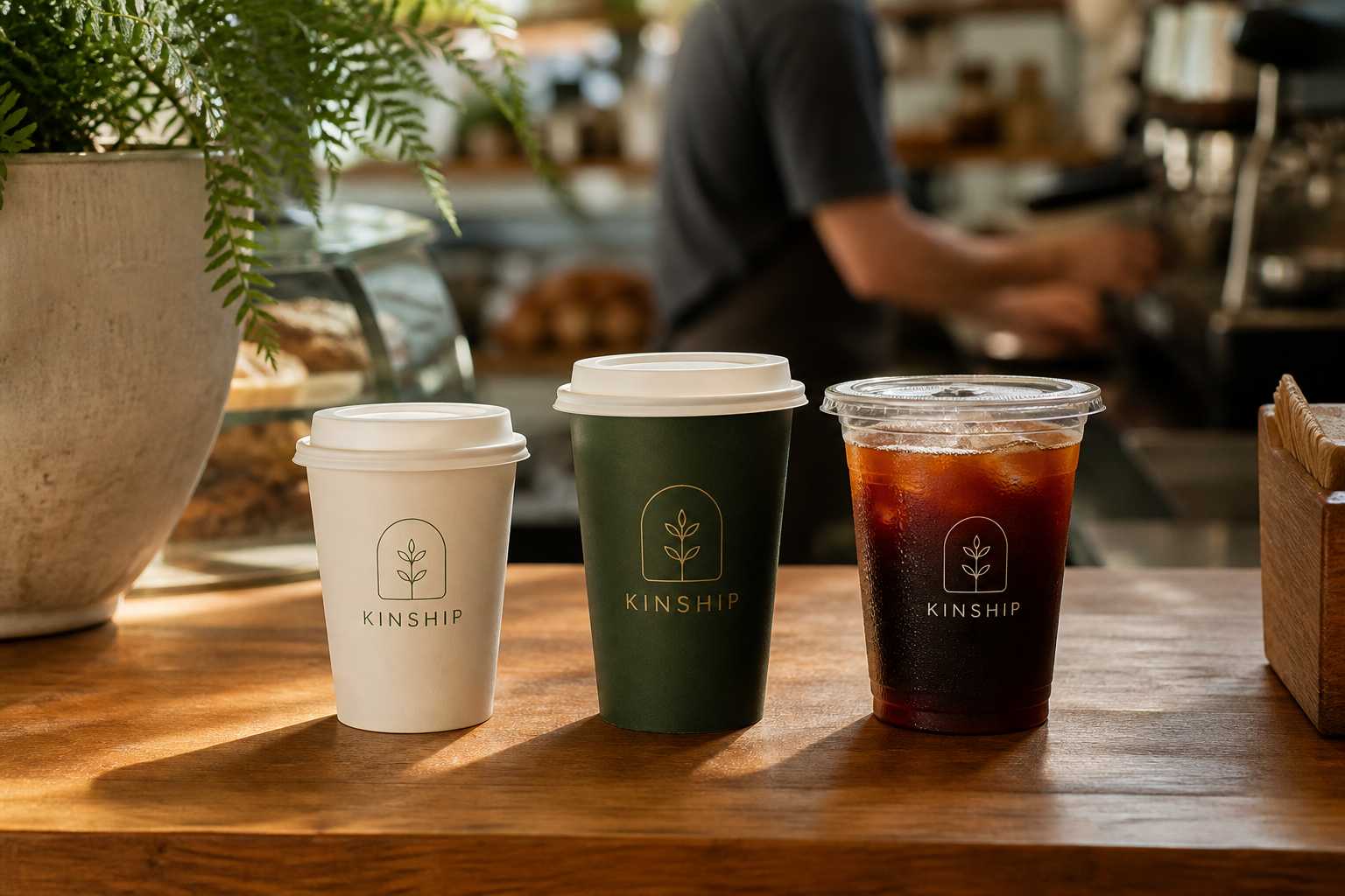 A coordinated range of three branded takeaway cups
