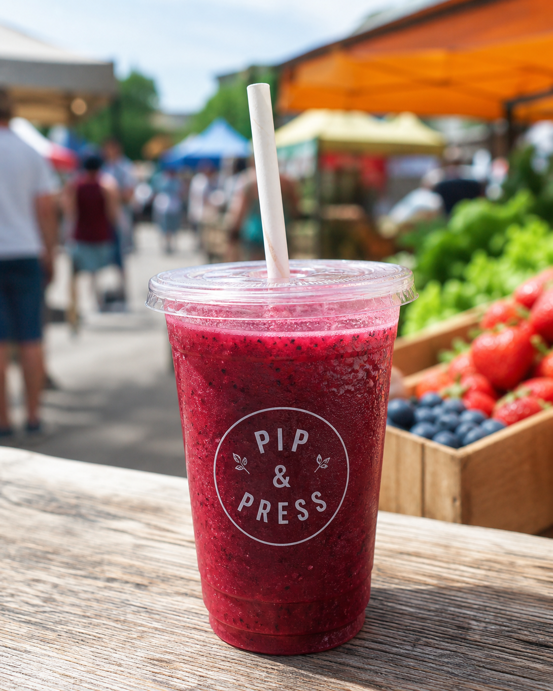 Clear branded cup filled with a berry smoothie at a market