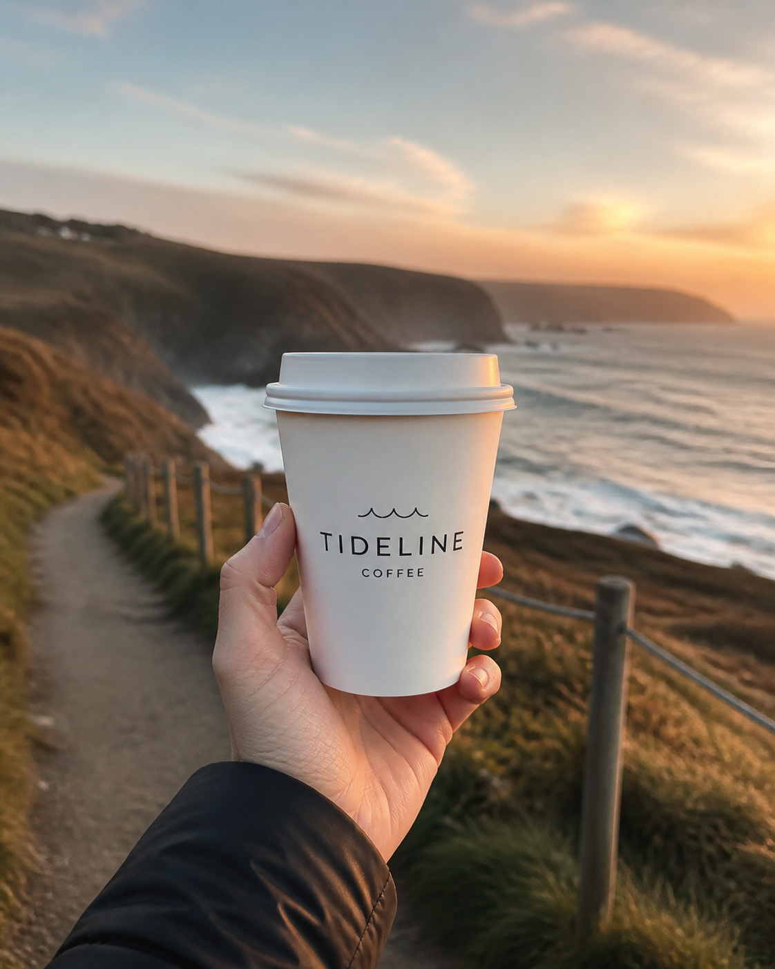 White branded takeaway cup beside the coast