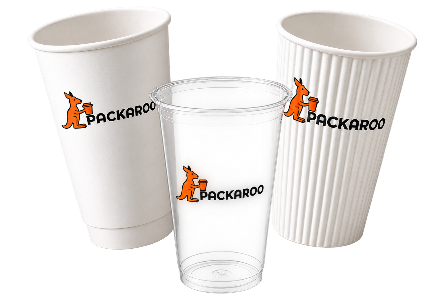 Three empty Packaroo branded cups