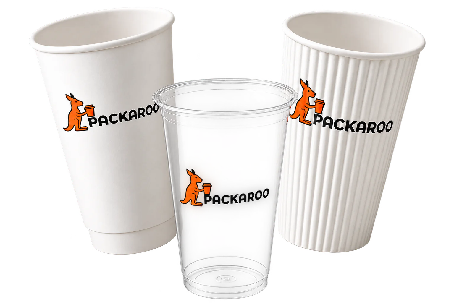 Three empty Packaroo branded cups