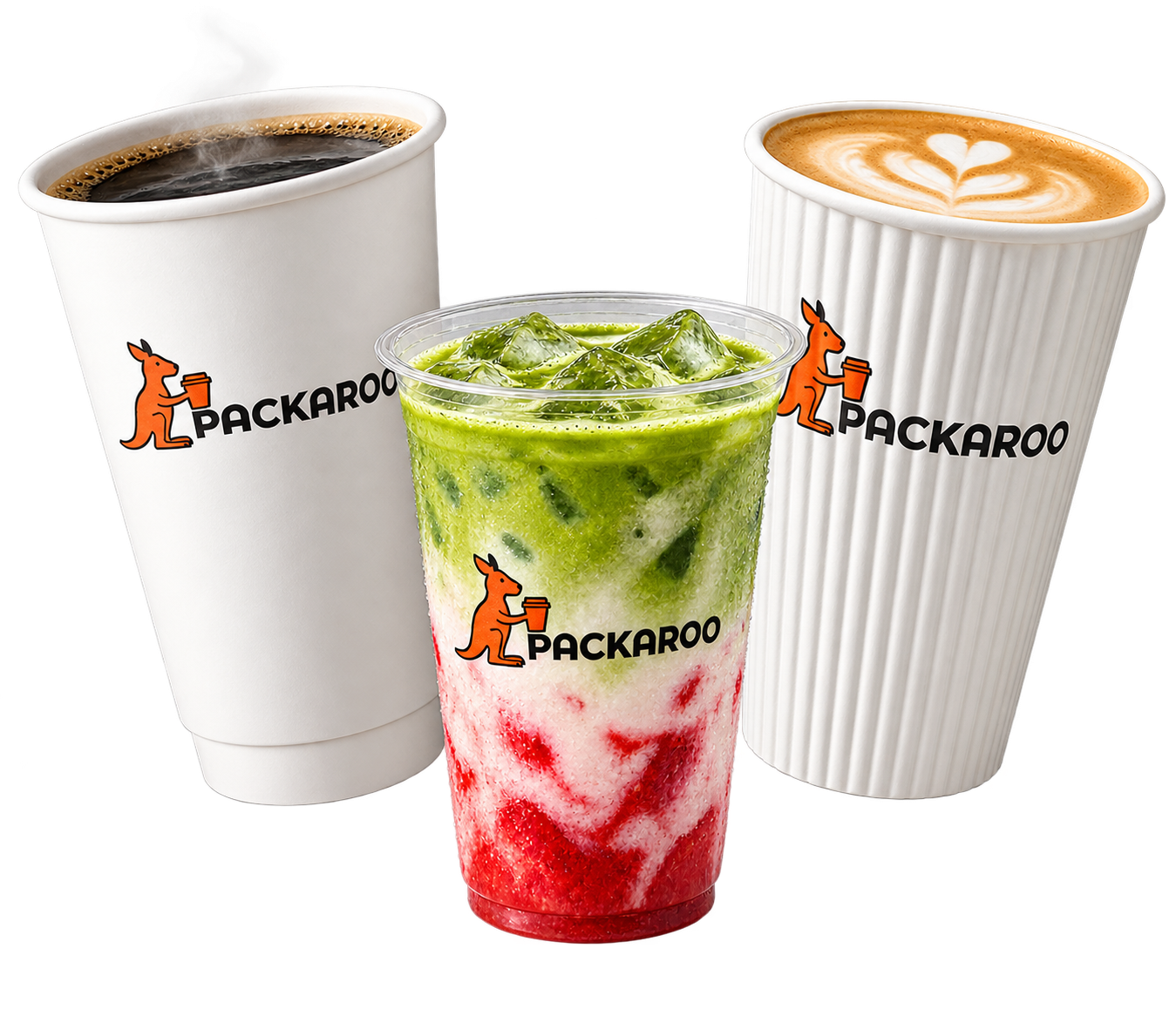 The same Packaroo cups filled with coffee, latte and an iced drink