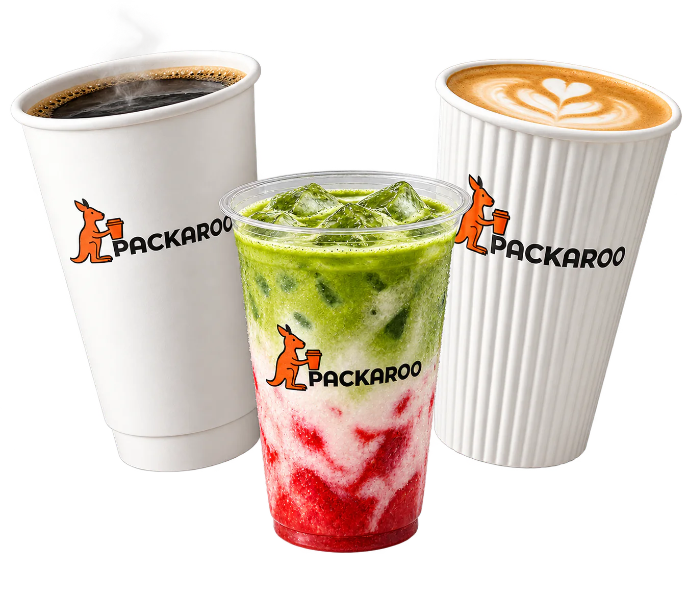 The same Packaroo cups filled with coffee, latte and an iced drink