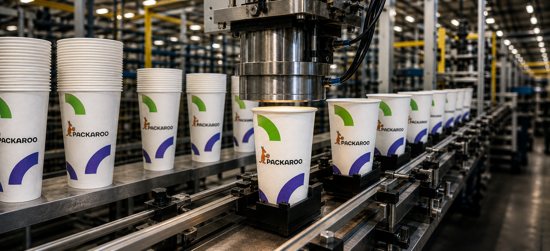 Packaroo branded cups moving through production