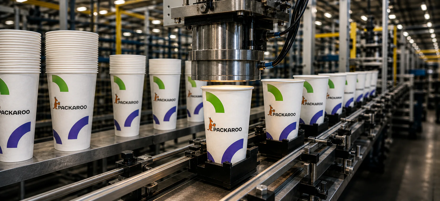 Packaroo branded cups moving through production